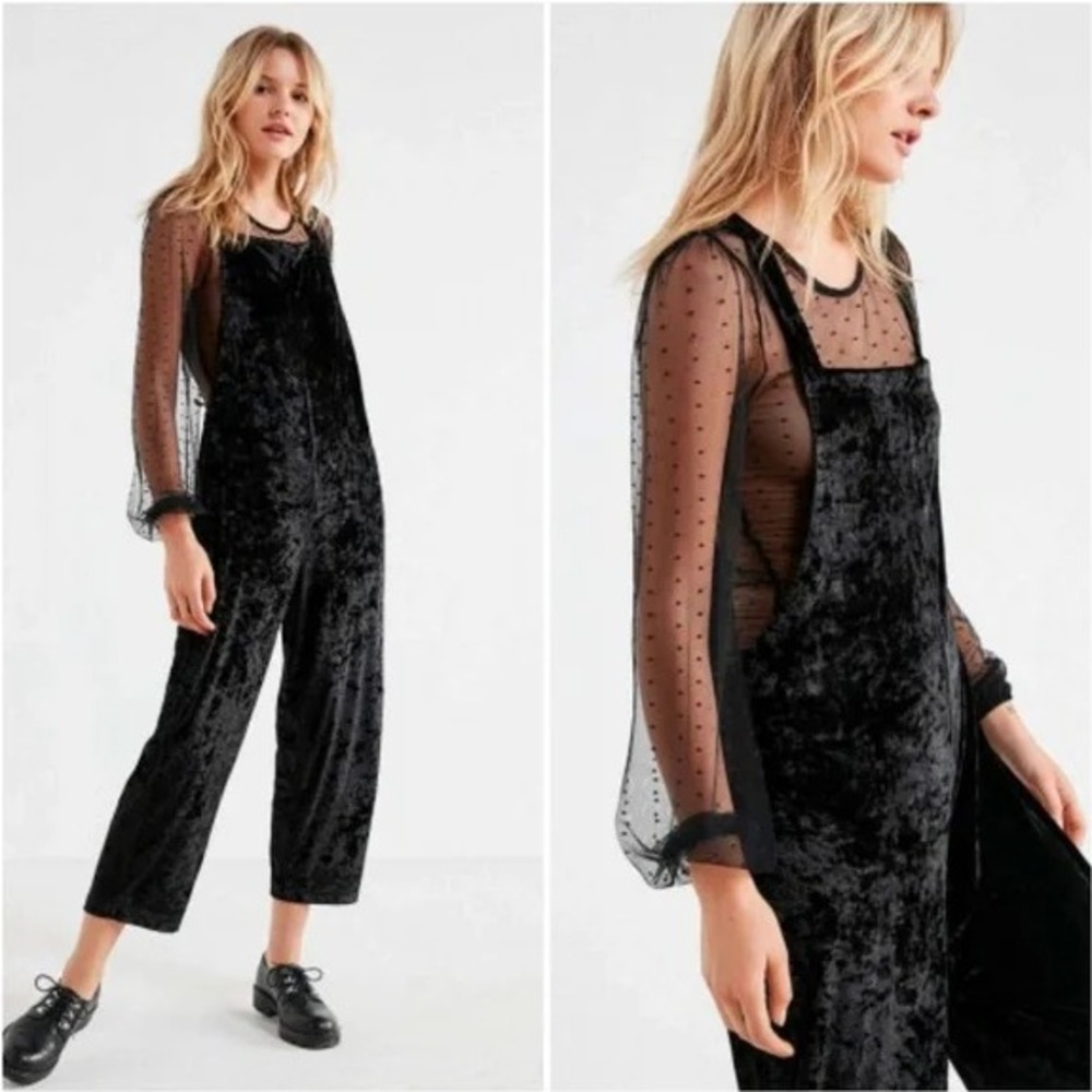 Urban Outfitters Black Velvet Jumpsuit with Sheer Sleeves